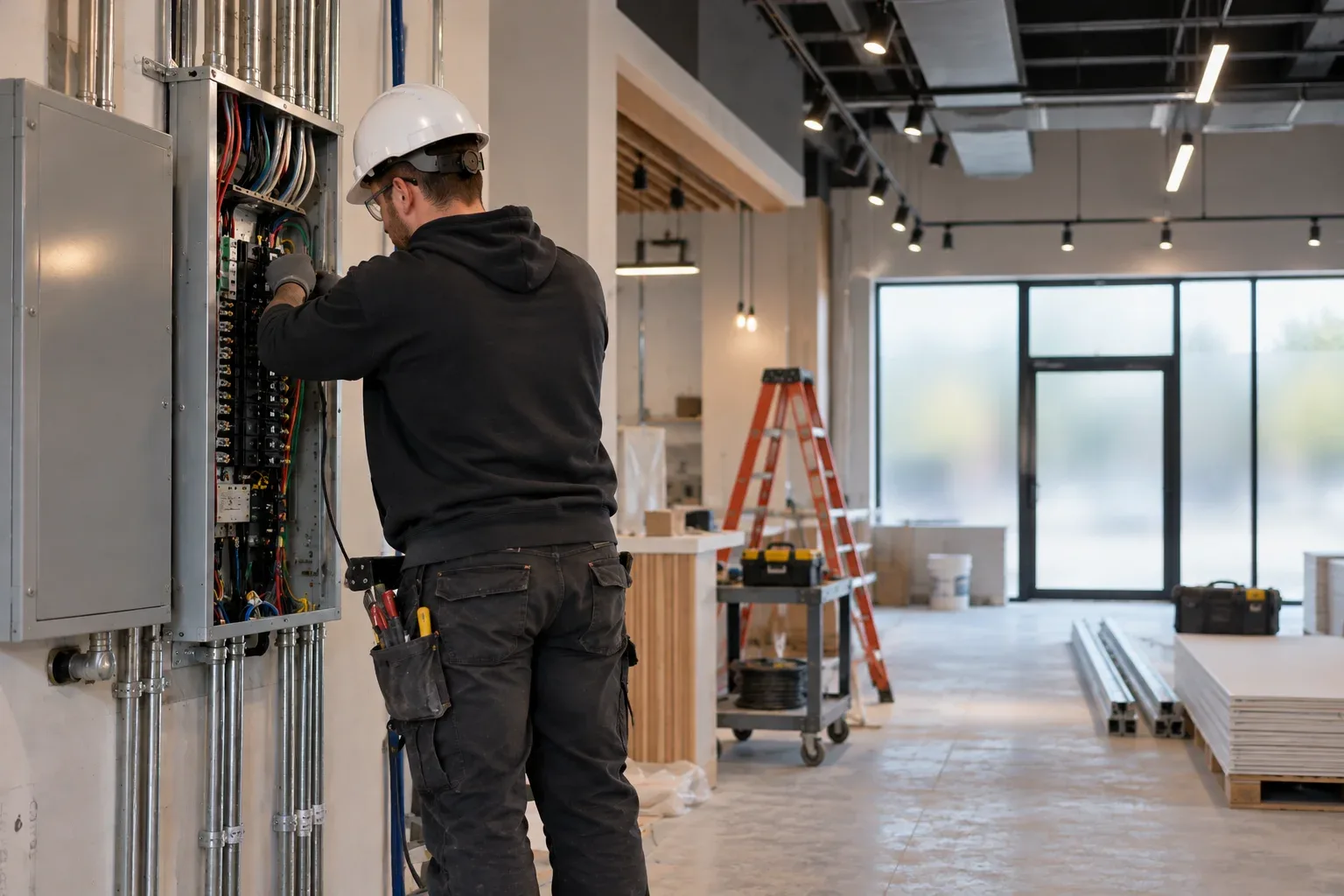 Commercial electrician working on a panel in a Whitby retail plaza
