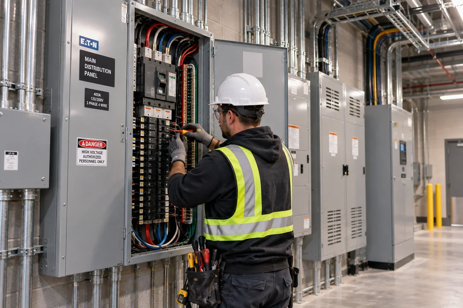 Commercial electrician completing a tenant fit-out in a Whitby plaza